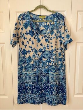 Sigrid Olsen Blue and Cream Printed V-Neck Tunic